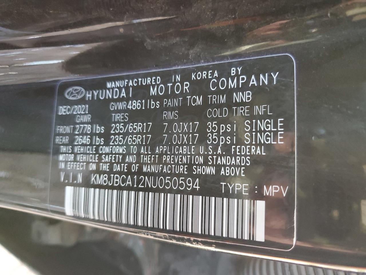 2022 HYUNDAI TUCSON BLUE VIN:KM8JBCA12NU050594