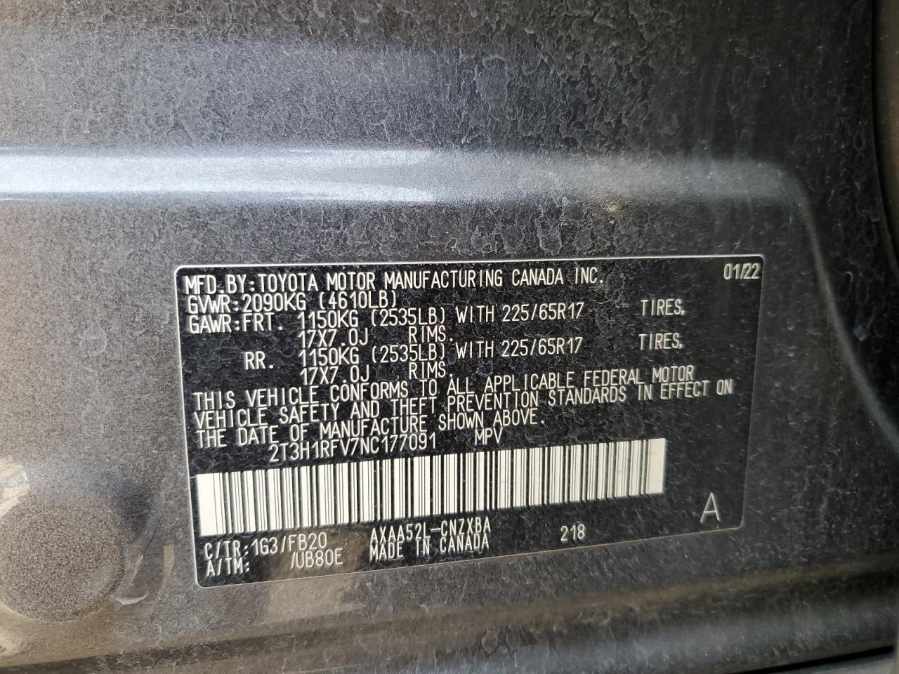 2022 TOYOTA RAV4 LE VIN:2T3H1RFV7NC177091
