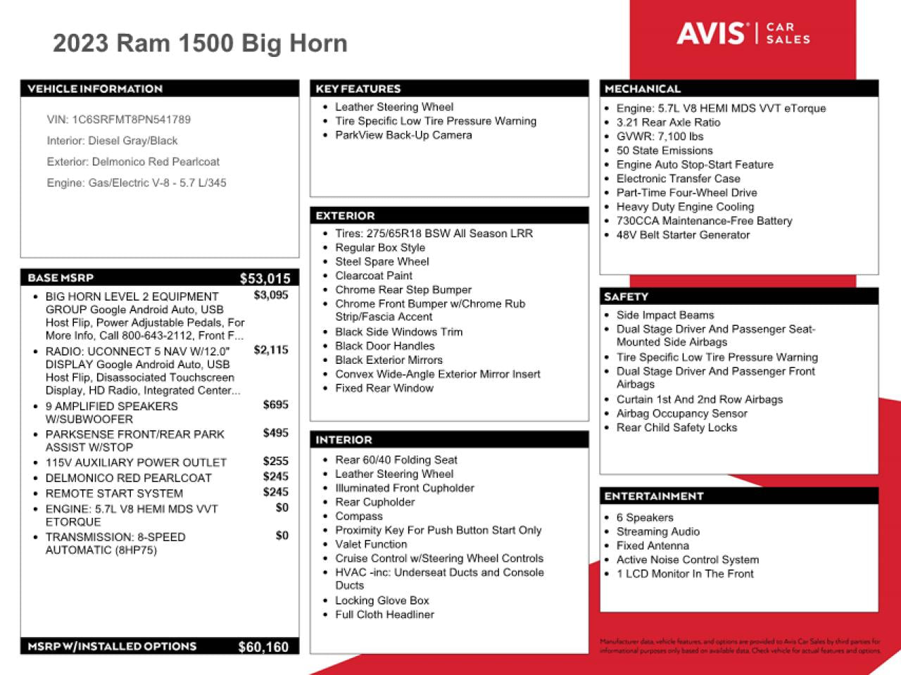 2023 RAM 1500 BIG HORN/LONE STAR VIN:1C6SRFMT8PN541789