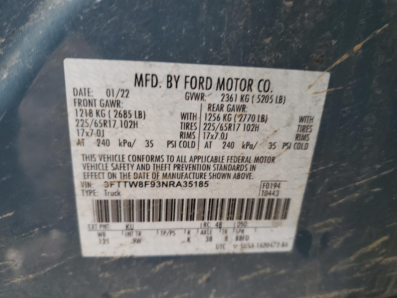 2022 FORD MAVERICK XL VIN:3FTTW8F93NRA35185