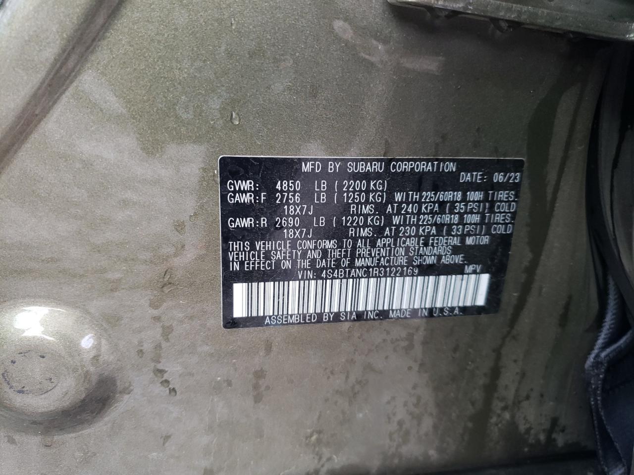 2024 SUBARU OUTBACK LIMITED VIN:4S4BTANC1R3122169