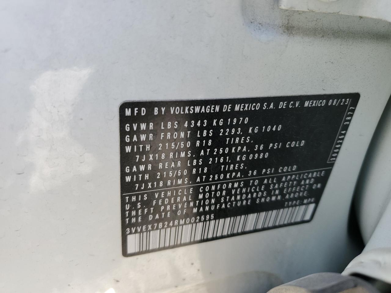 2024 VOLKSWAGEN TAOS SE VIN:3VVEX7B24RM002595
