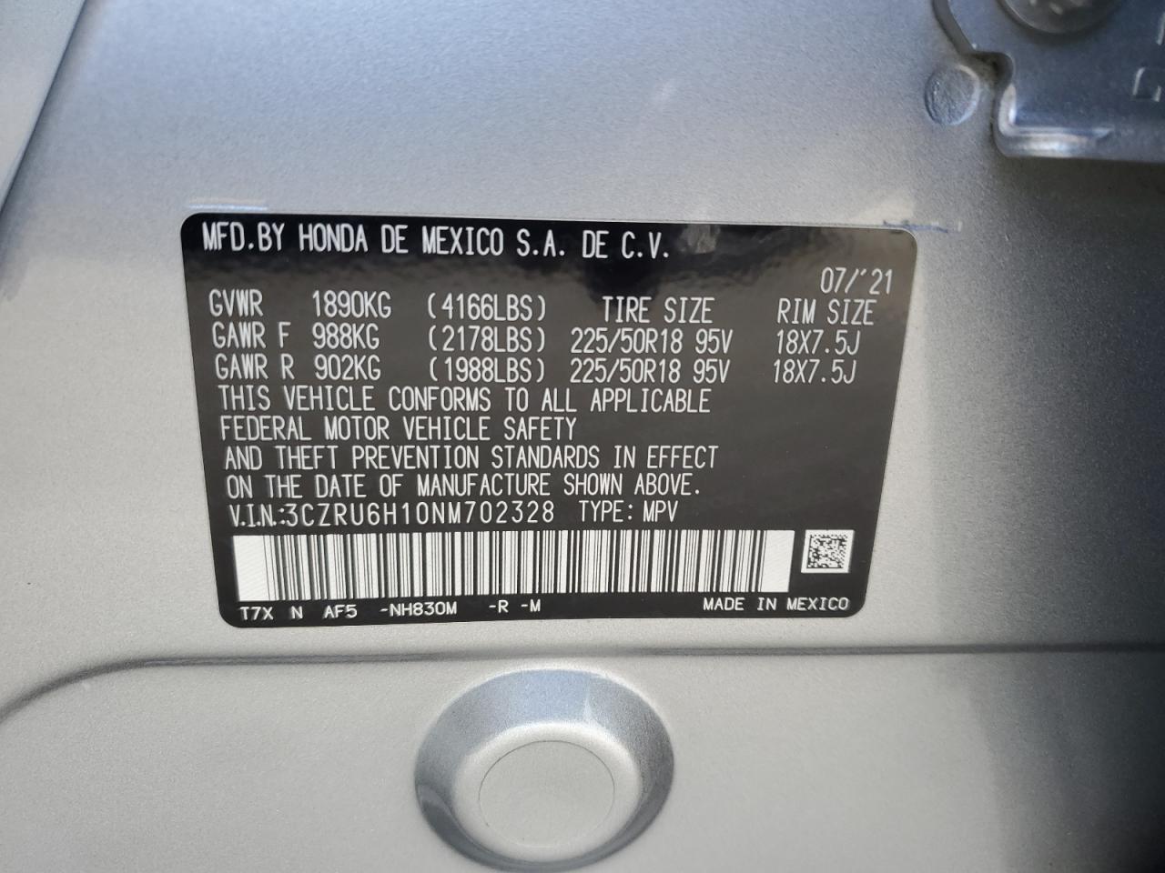 2022 HONDA HR-V SPORT VIN:3CZRU6H10NM702328