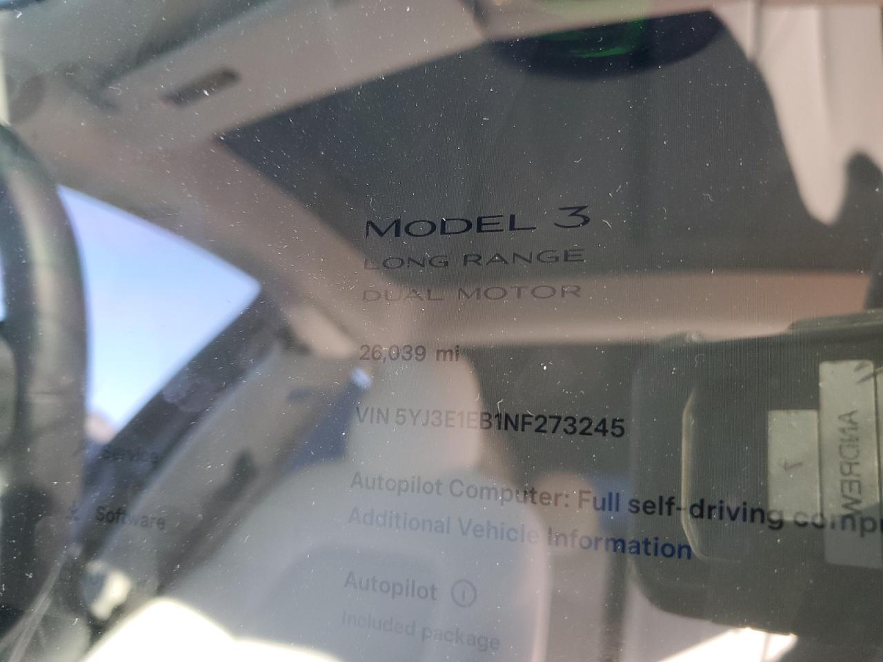 2022 TESLA MODEL 3  VIN:5YJ3E1EB1NF273245