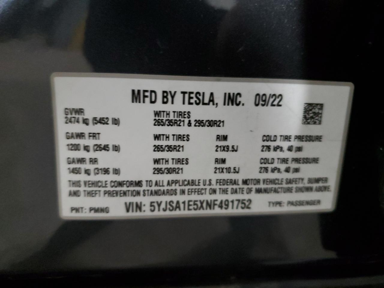 2022 TESLA MODEL S  VIN:5YJSA1E5XNF491752