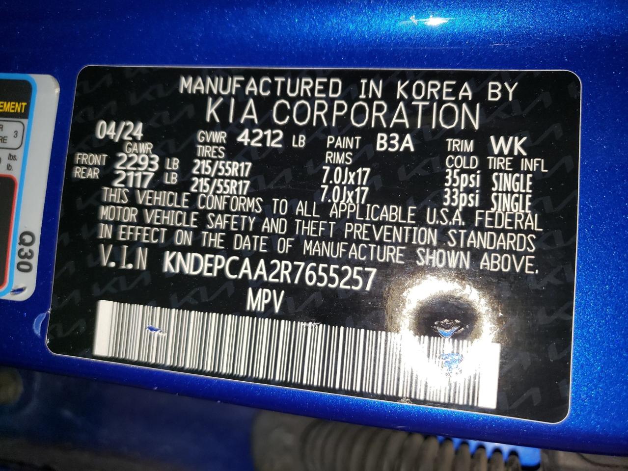 2024 KIA SELTOS LX VIN:KNDEPCAA2R7655257