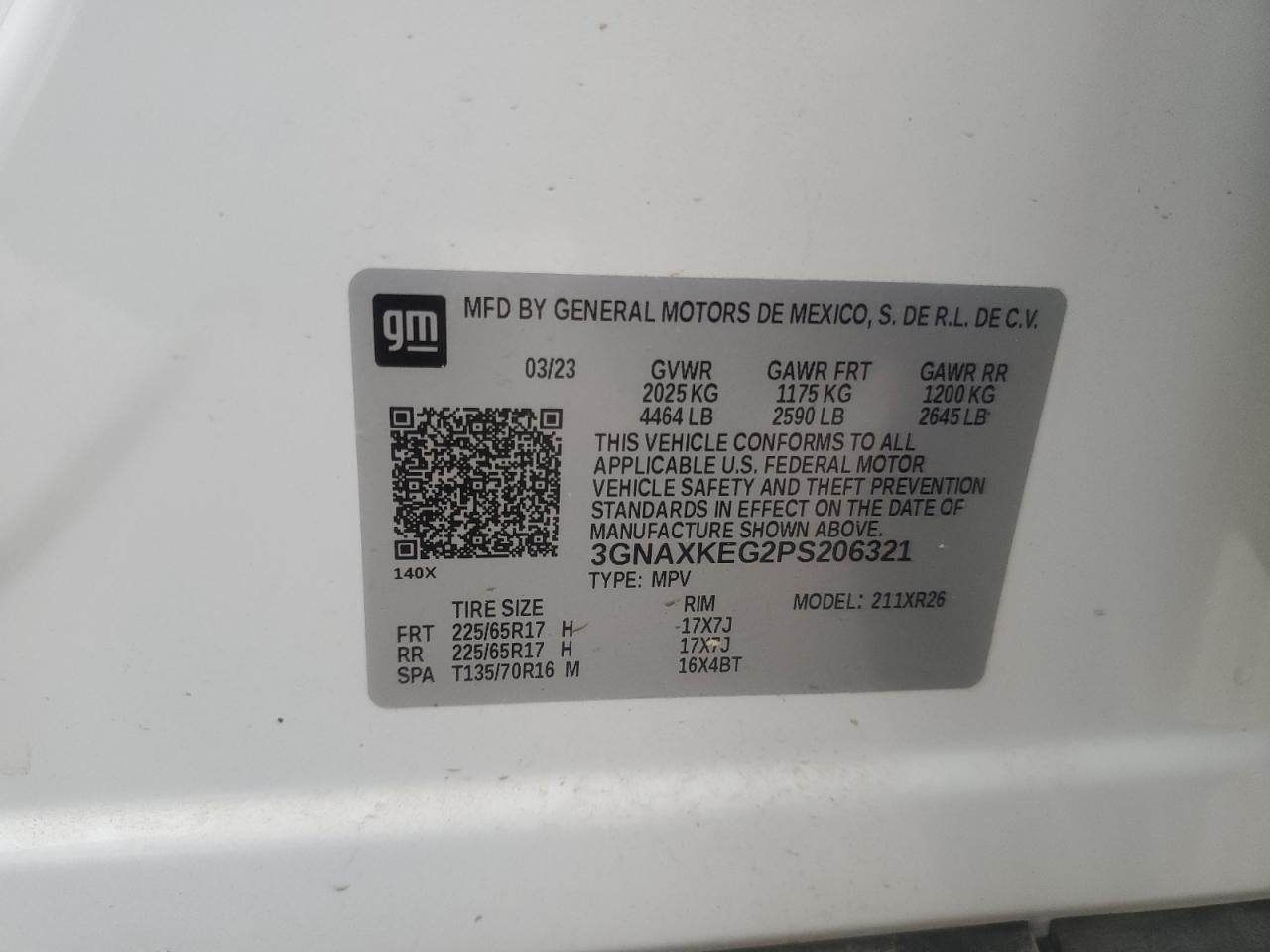 2023 CHEVROLET EQUINOX LT VIN:3GNAXKEG2PS206321