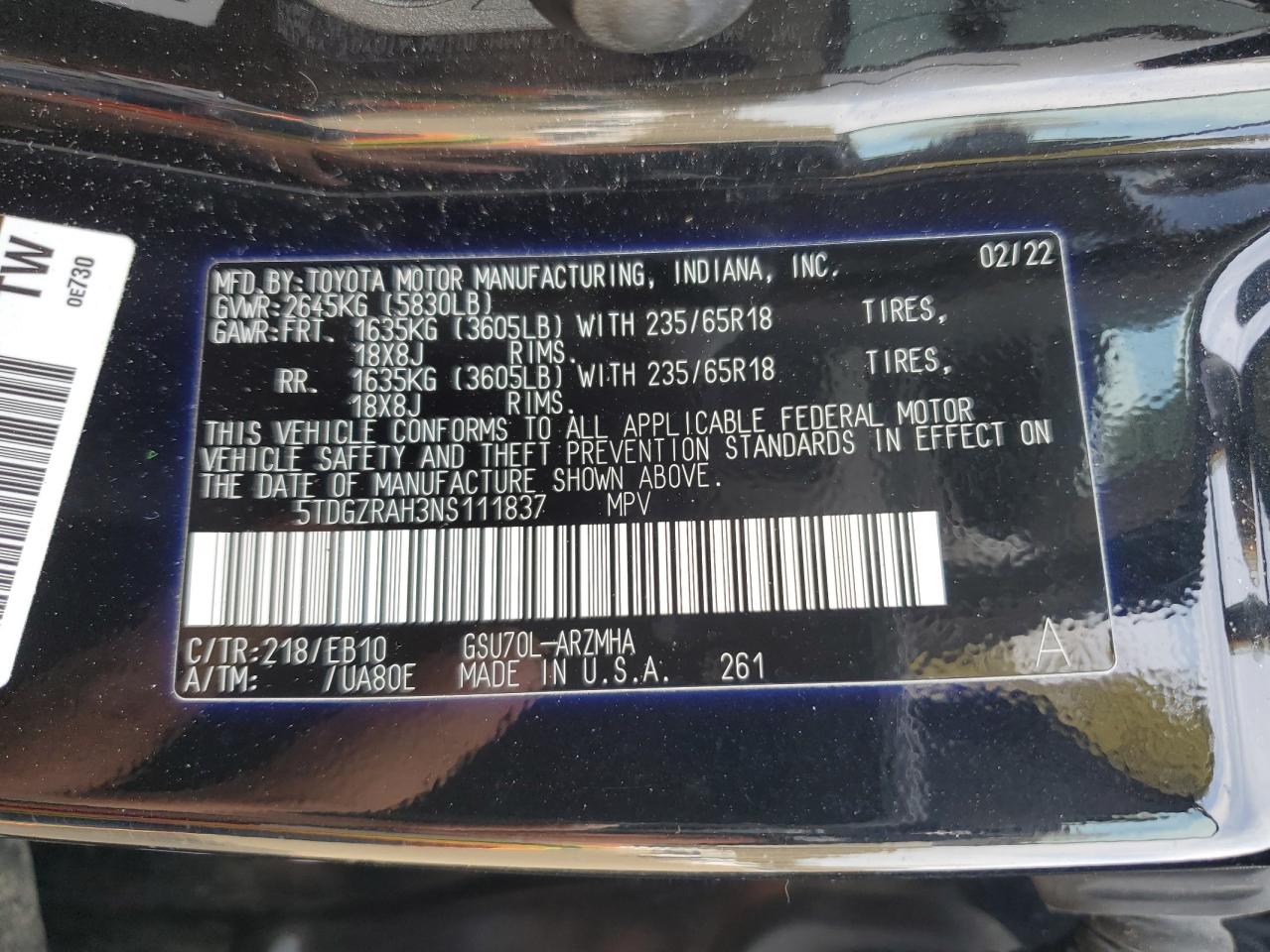 2022 TOYOTA HIGHLANDER XLE VIN:5TDGZRAH3NS111837