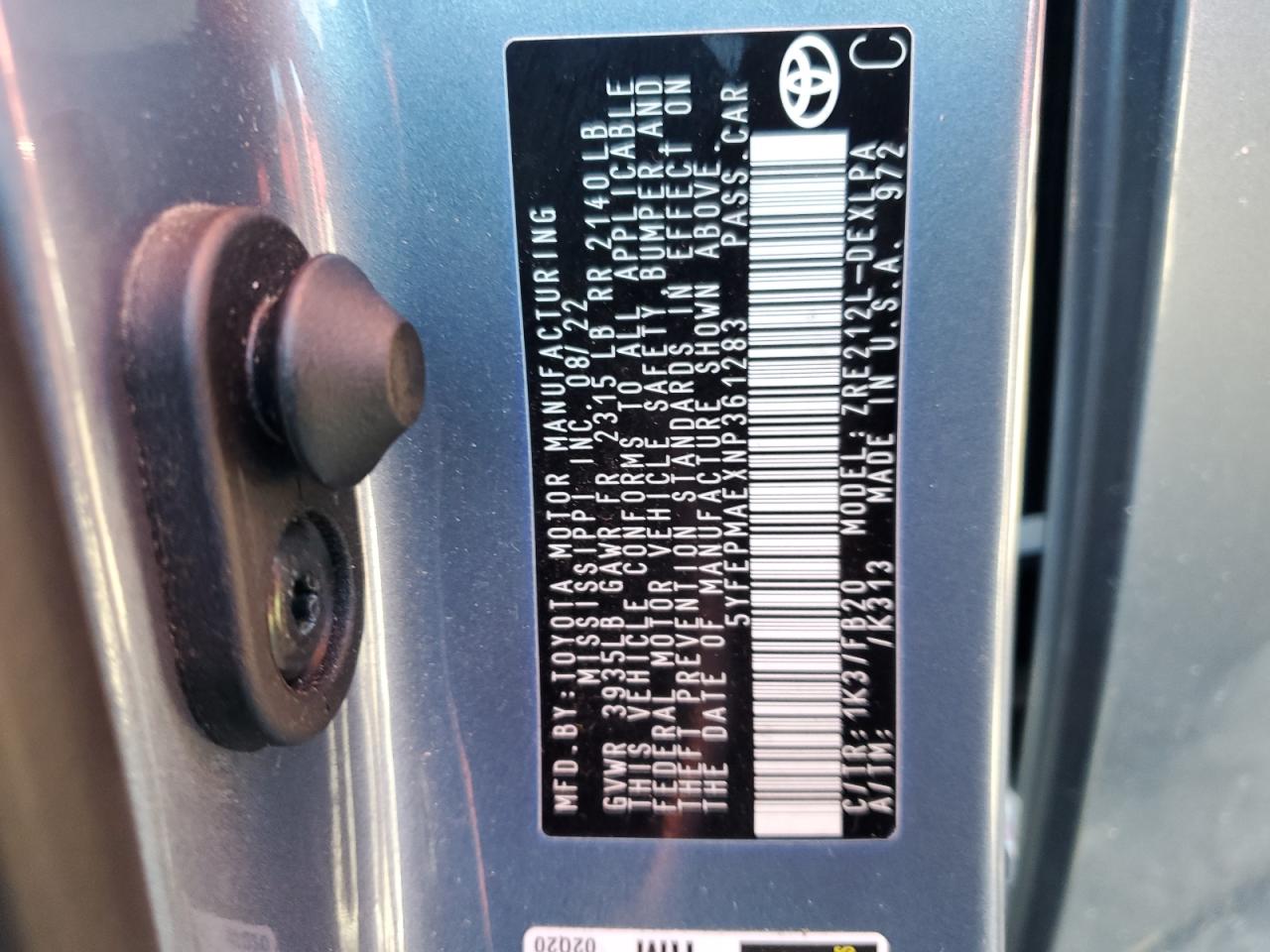 2022 TOYOTA COROLLA LE VIN:5YFEPMAEXNP361283