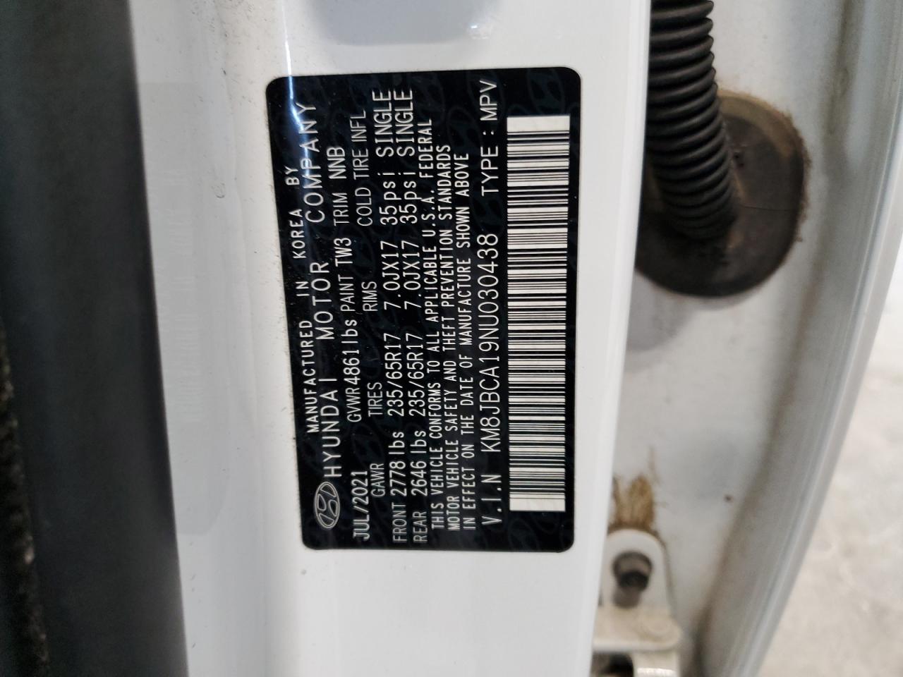 2022 HYUNDAI TUCSON BLUE VIN:KM8JBCA19NU030438