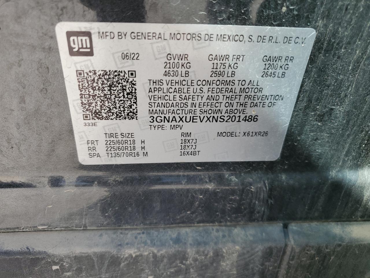 2022 CHEVROLET EQUINOX LT VIN:3GNAXUEVXNS201486