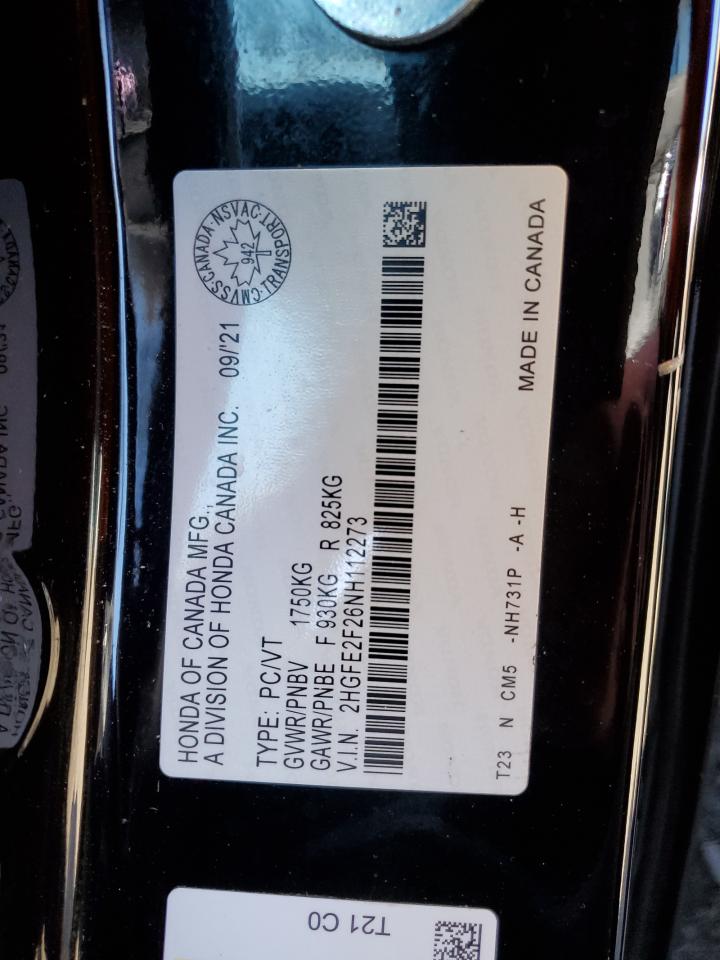 2022 HONDA CIVIC LX VIN:2HGFE2F26NH112273