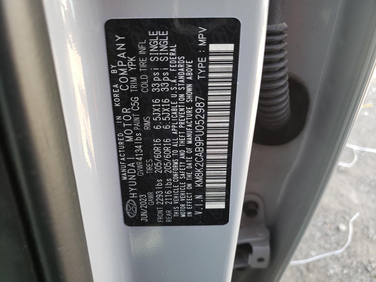 2023 HYUNDAI KONA SE VIN:KM8K2CAB9PU052987