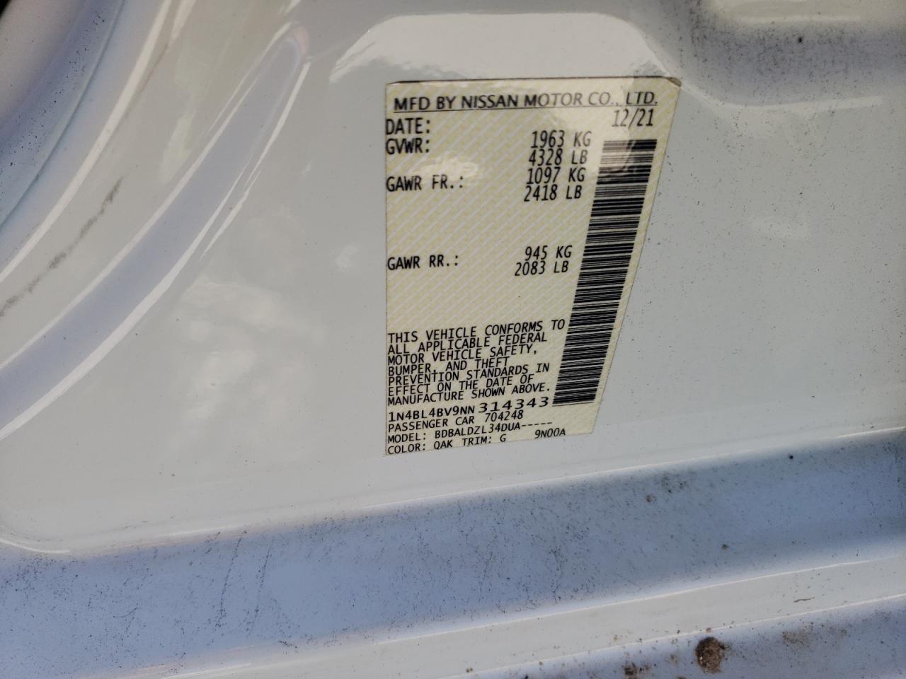 2022 NISSAN ALTIMA S VIN:1N4BL4BV9NN314343