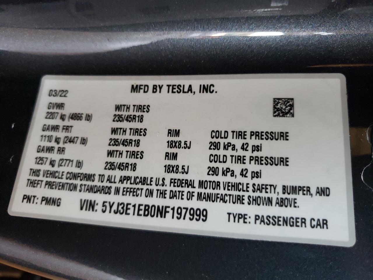 2022 TESLA MODEL 3  VIN:5YJ3E1EB0NF197999