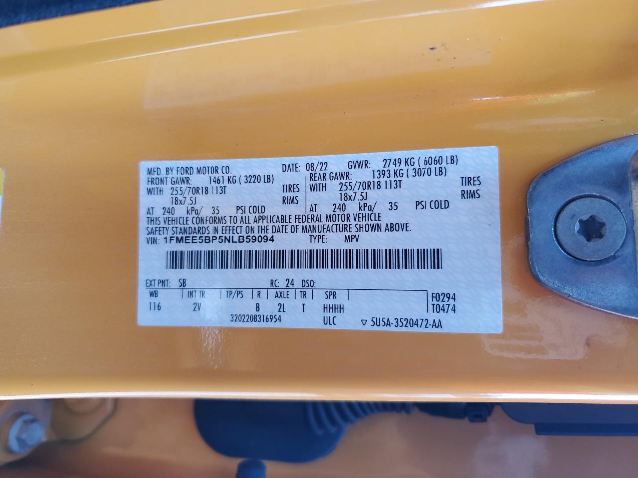 2022 FORD BRONCO BASE VIN:1FMEE5BP5NLB59094