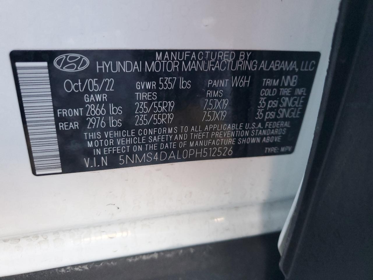 2023 HYUNDAI SANTA FE LIMITED VIN:5NMS4DAL0PH512526