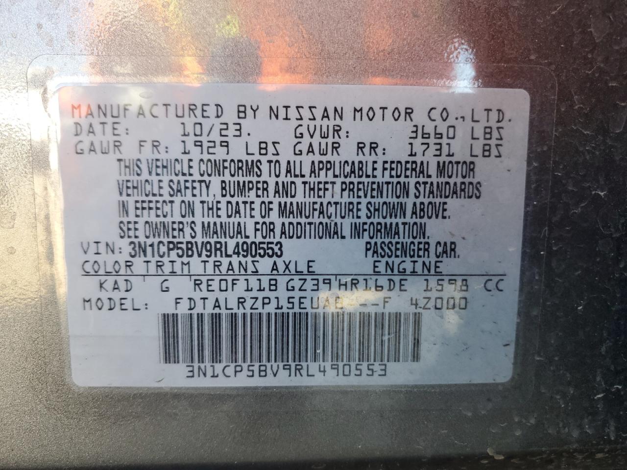 2024 NISSAN KICKS S VIN:3N1CP5BV9RL490553