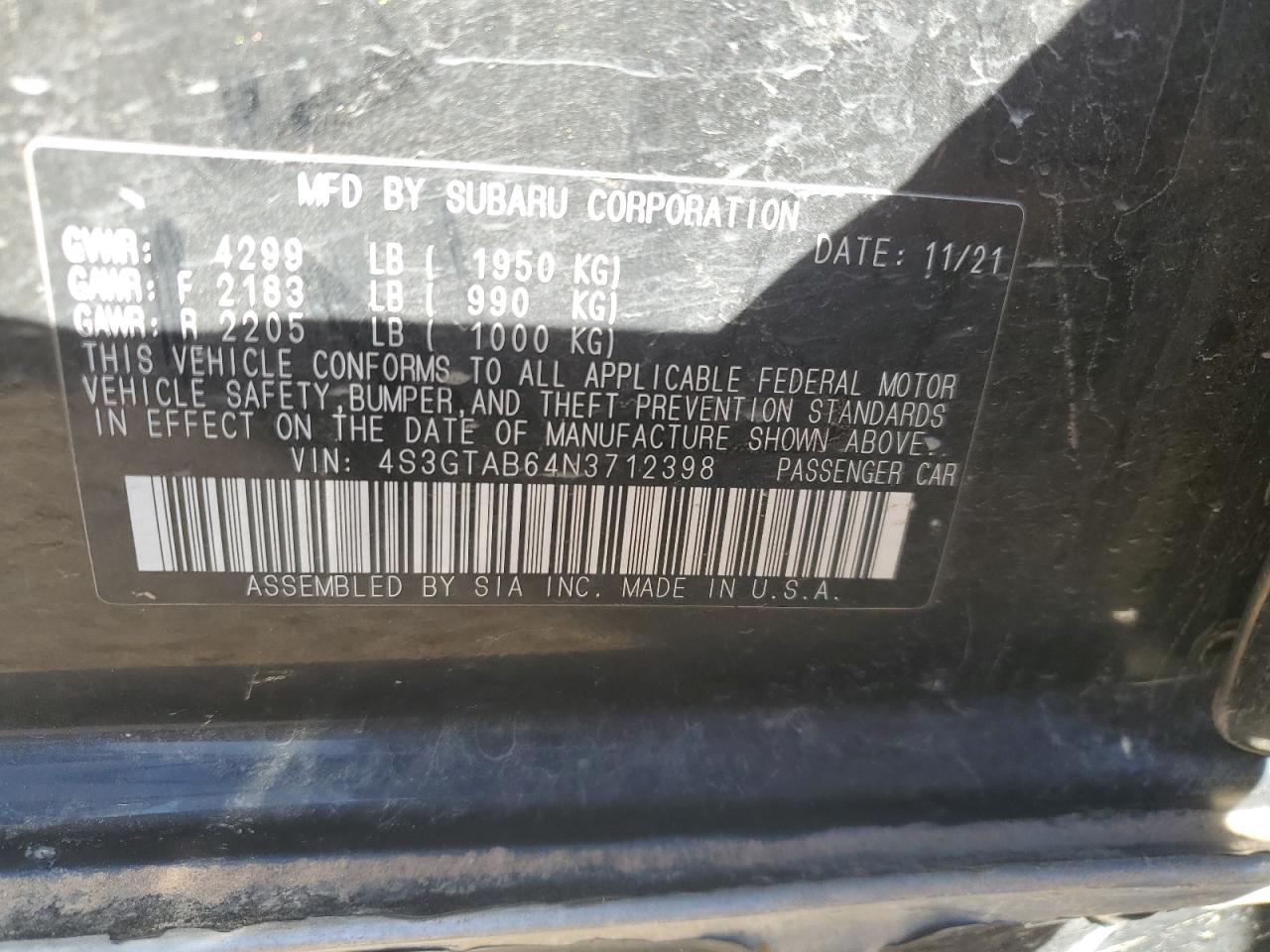 2022 SUBARU IMPREZA  VIN:4S3GTAB64N3712398