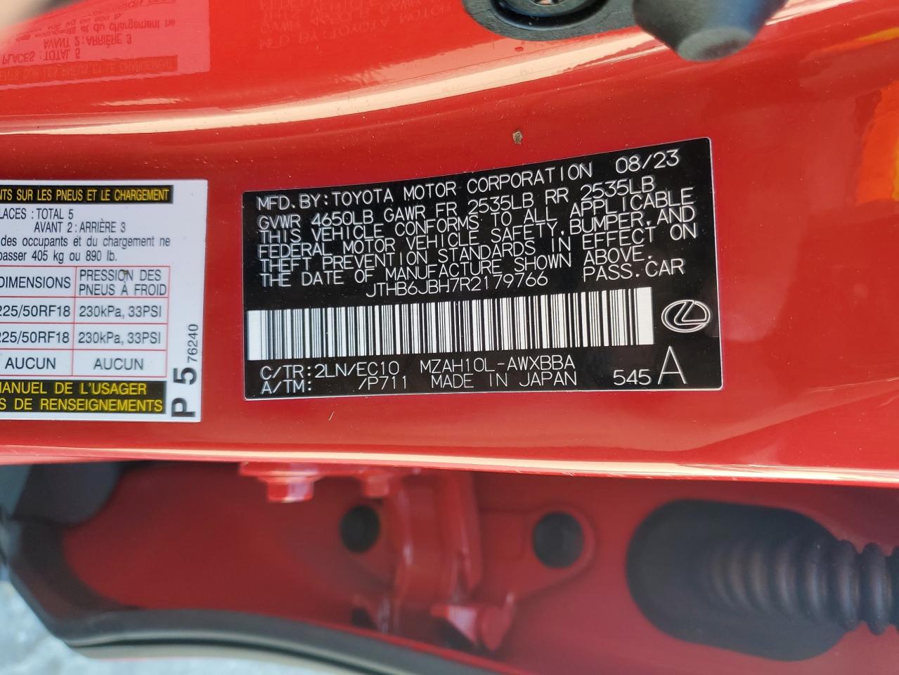 2024 LEXUS UX 250H BASE VIN:JTHB6JBH7R2179766