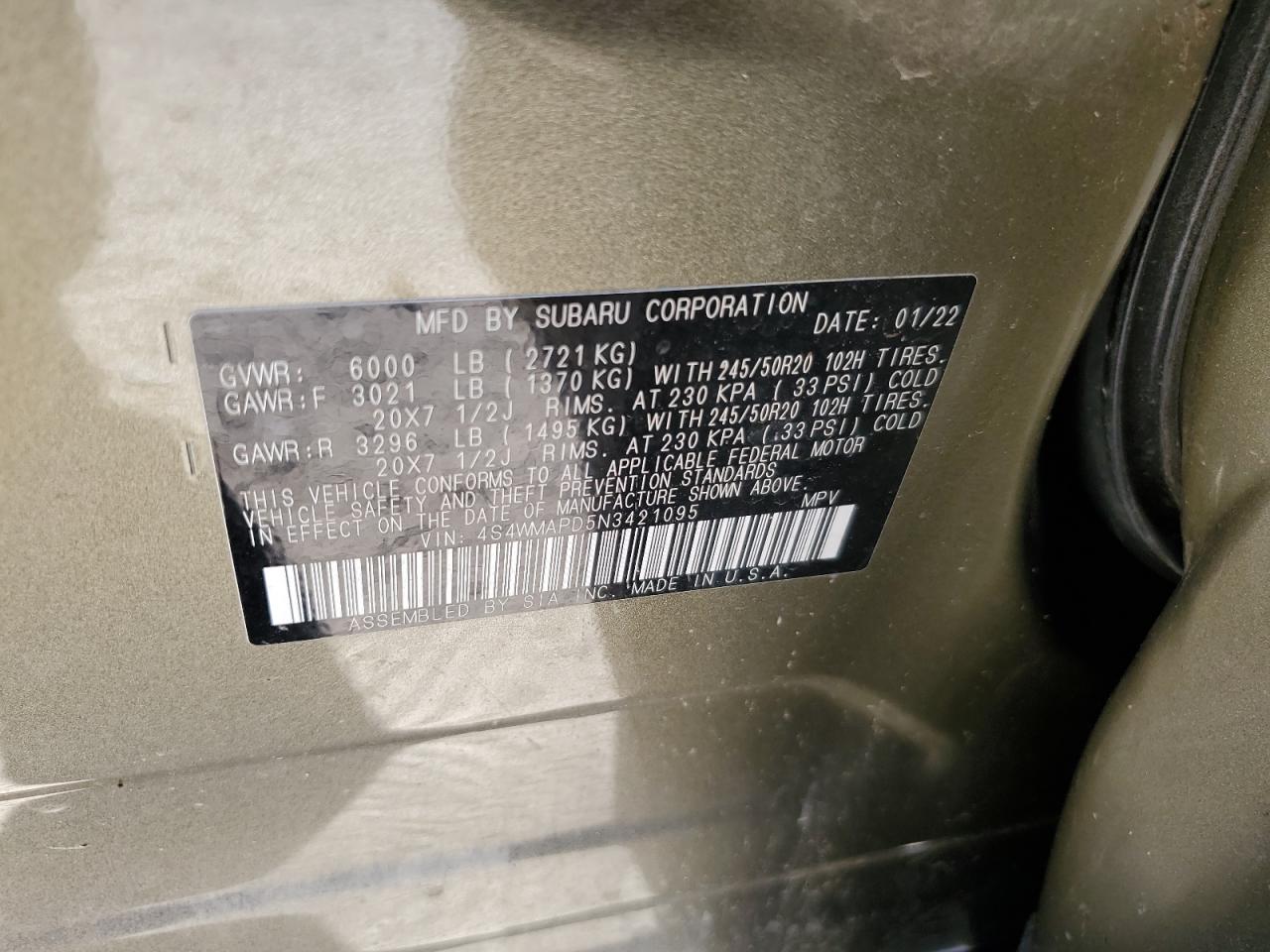 2022 SUBARU ASCENT LIMITED VIN:4S4WMAPD5N3421095