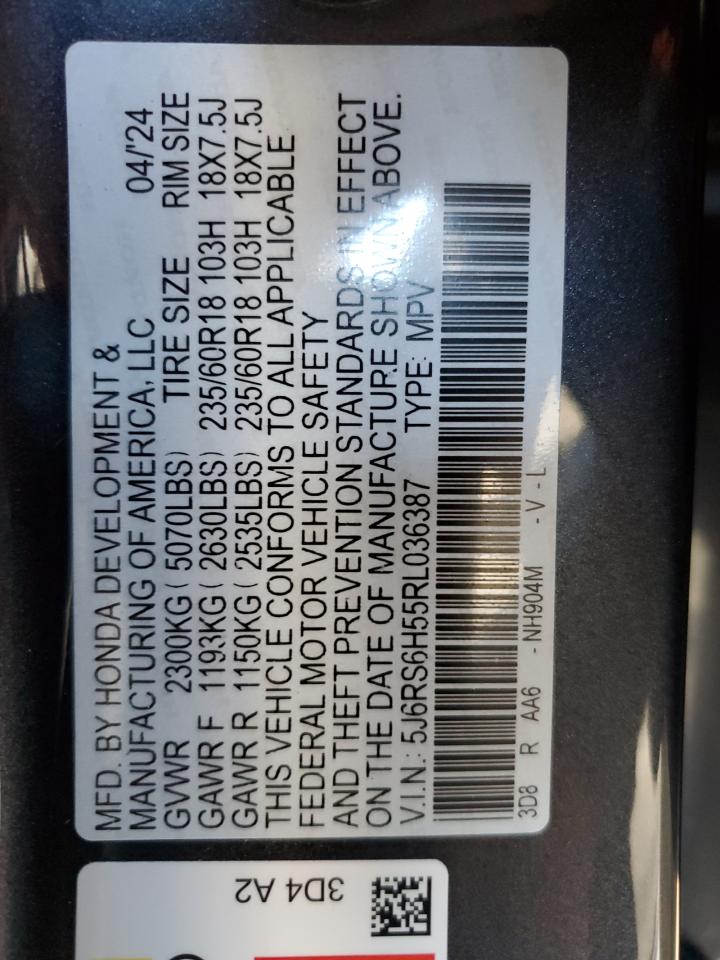 2024 HONDA CR-V SPORT VIN:5J6RS6H55RL036387