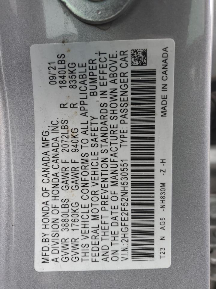 2022 HONDA CIVIC SPORT VIN:2HGFE2F52NH530551