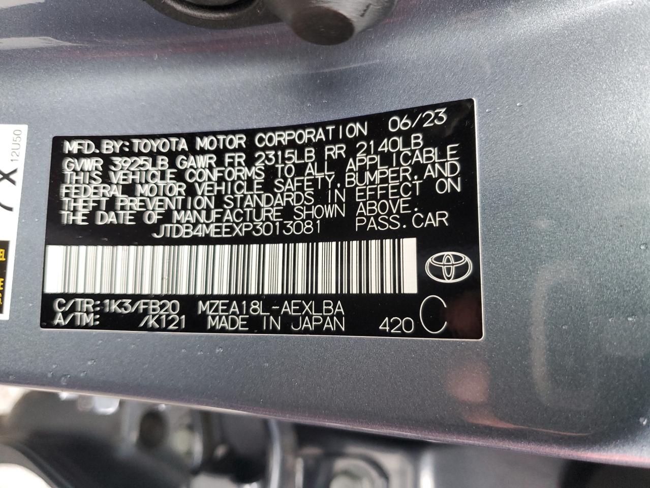 2023 TOYOTA COROLLA LE VIN:JTDB4MEEXP3013081