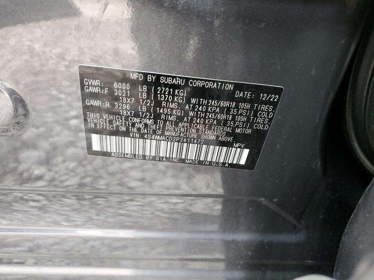 2023 SUBARU ASCENT PREMIUM VIN:4S4WMACD2P3411472