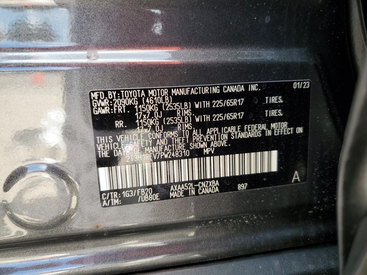 2023 TOYOTA RAV4 LE VIN:2T3H1RFV7PW248310