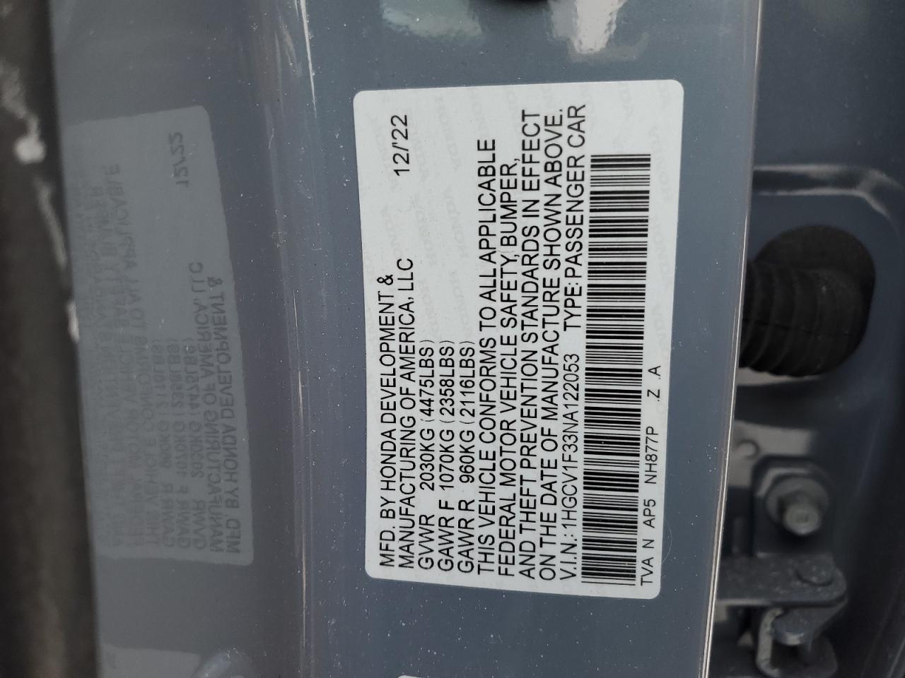 2022 HONDA ACCORD SPORT VIN:1HGCV1F33NA122053