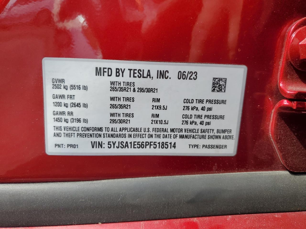 2023 TESLA MODEL S VIN:5YJSA1E56PF518514