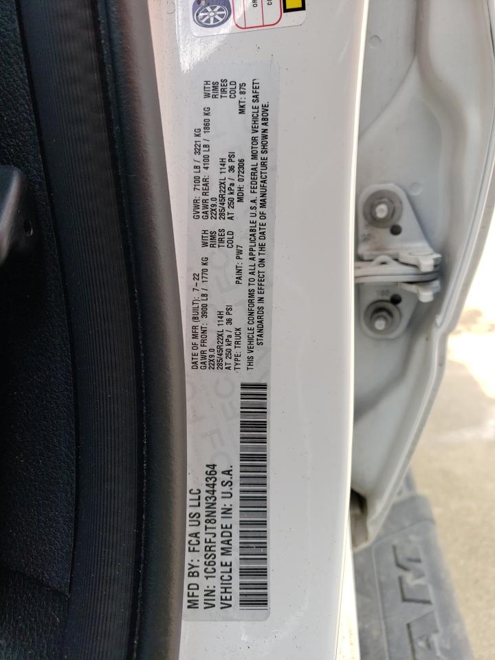 2022 RAM 1500 LARAMIE VIN:1C6SRFJT8NN344364