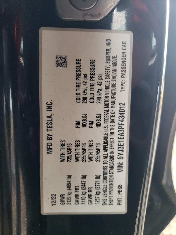 2023 TESLA MODEL 3  VIN:5YJ3E1EA3PF434012