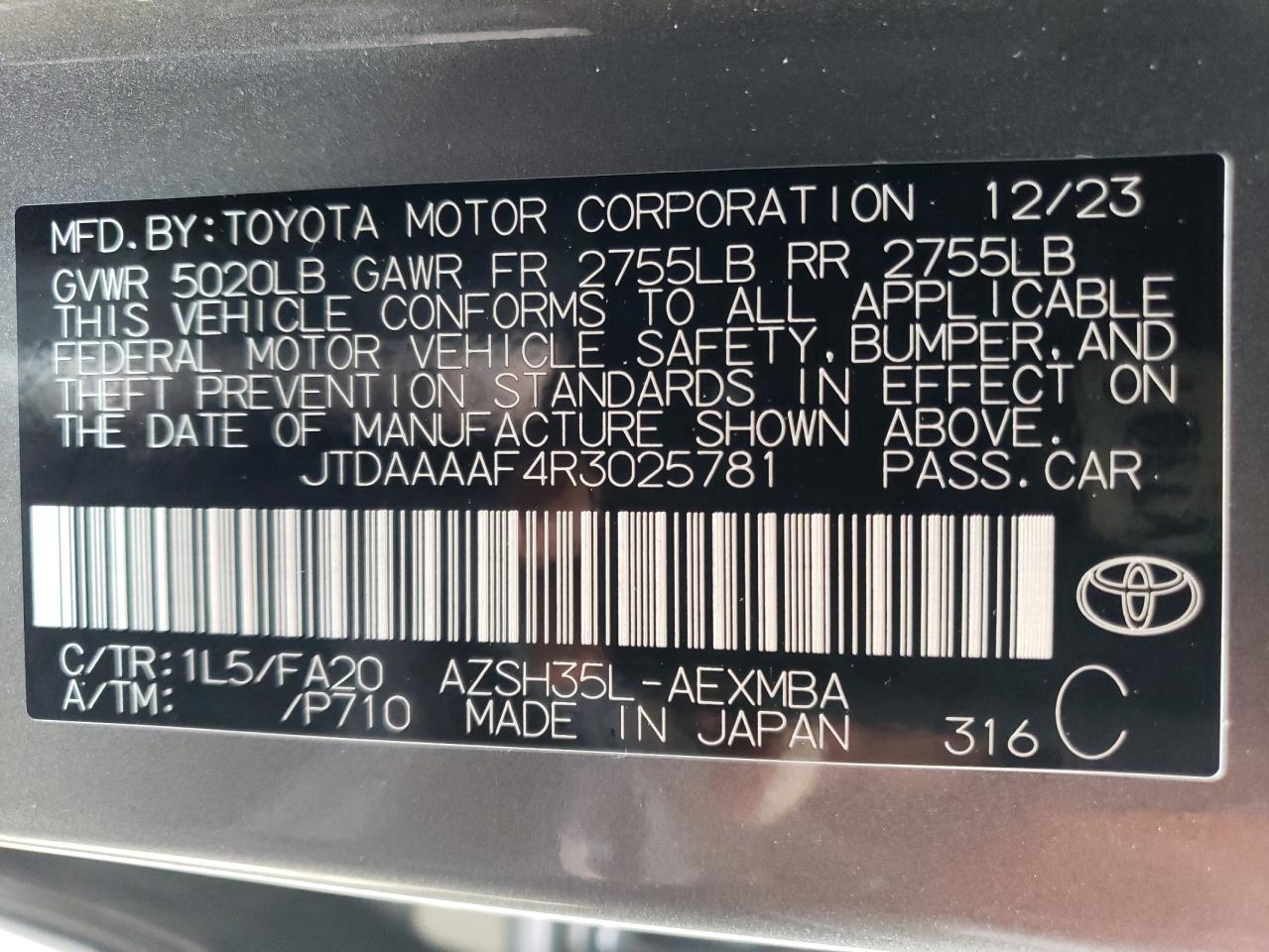 2024 TOYOTA CROWN XLE VIN:JTDAAAAF4R3025781