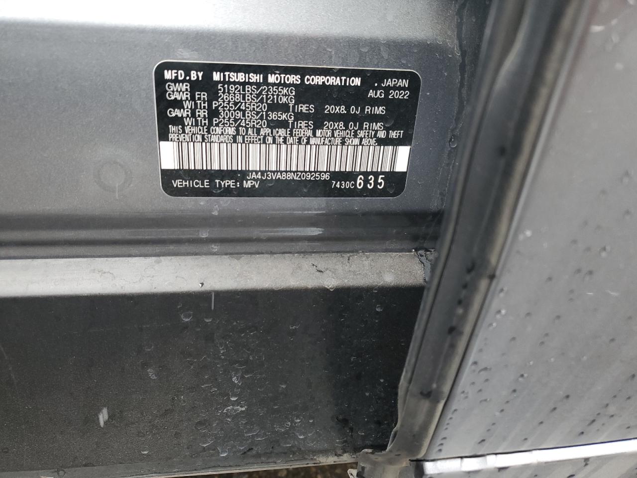 2022 MITSUBISHI OUTLANDER SEL VIN:JA4J3VA88NZ092596