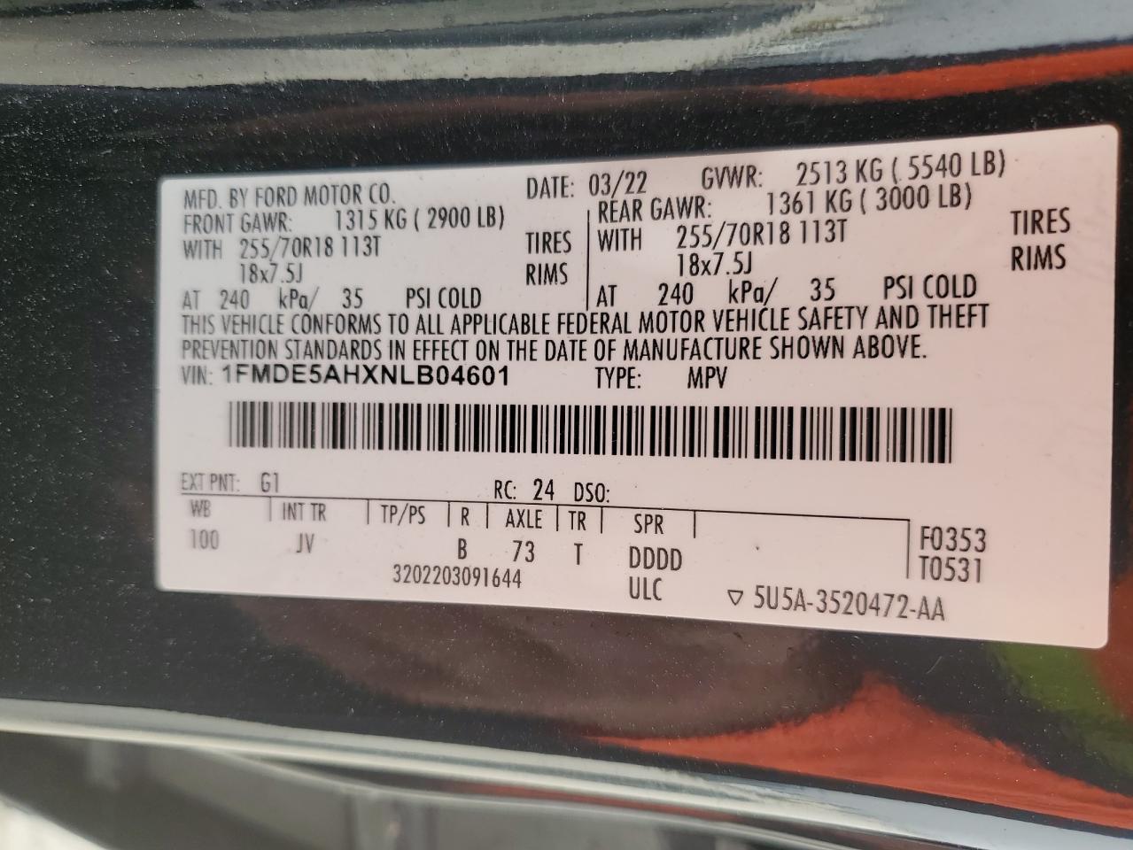 2022 FORD BRONCO BASE VIN:1FMDE5AHXNLB04601
