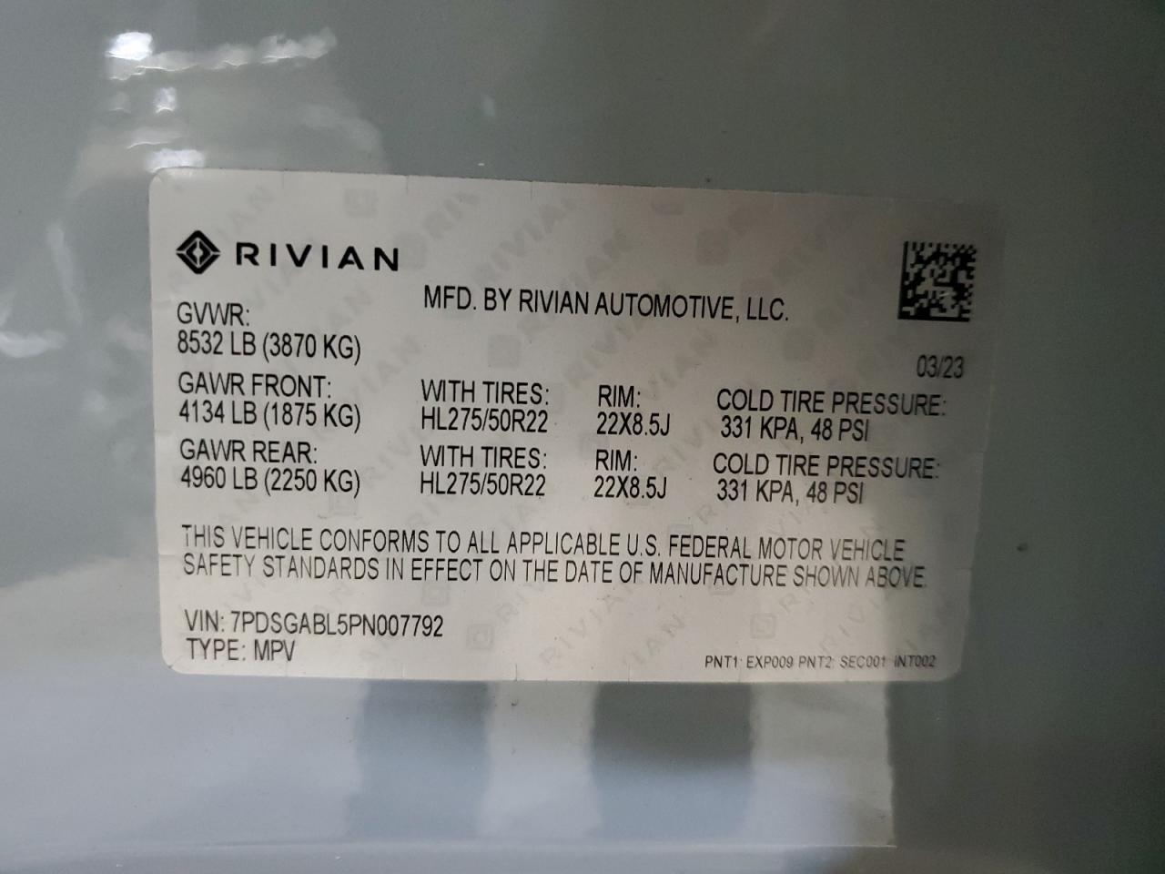 2023 RIVIAN R1S LAUNCH EDITION VIN:7PDSGABL5PN007792