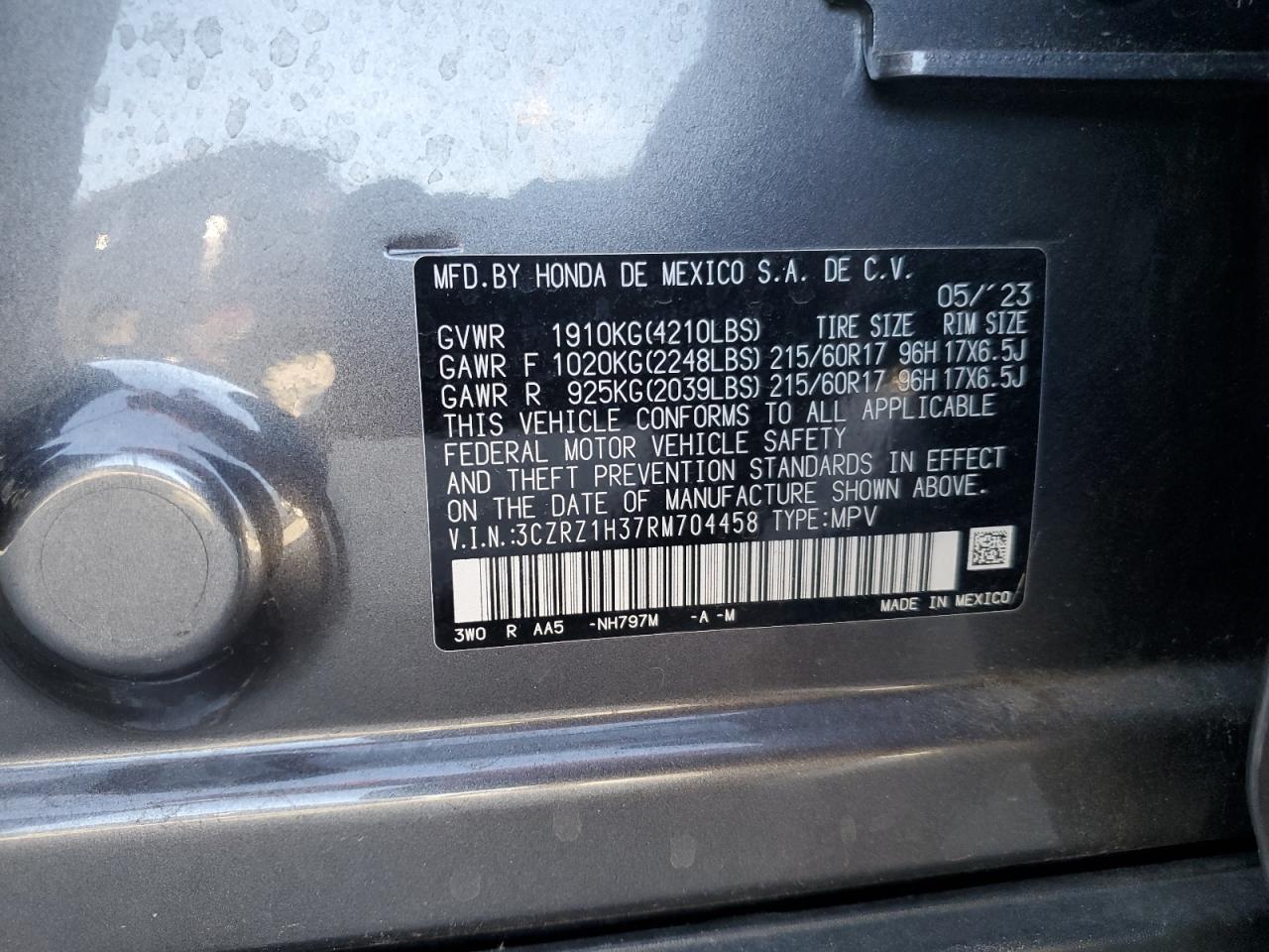 2024 HONDA HR-V LX VIN:3CZRZ1H37RM704458