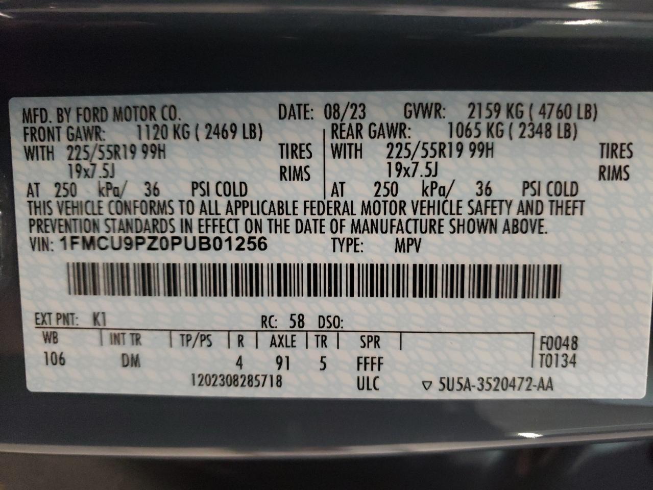 2023 FORD ESCAPE ST LINE ELITE VIN:1FMCU9PZ0PUB01256