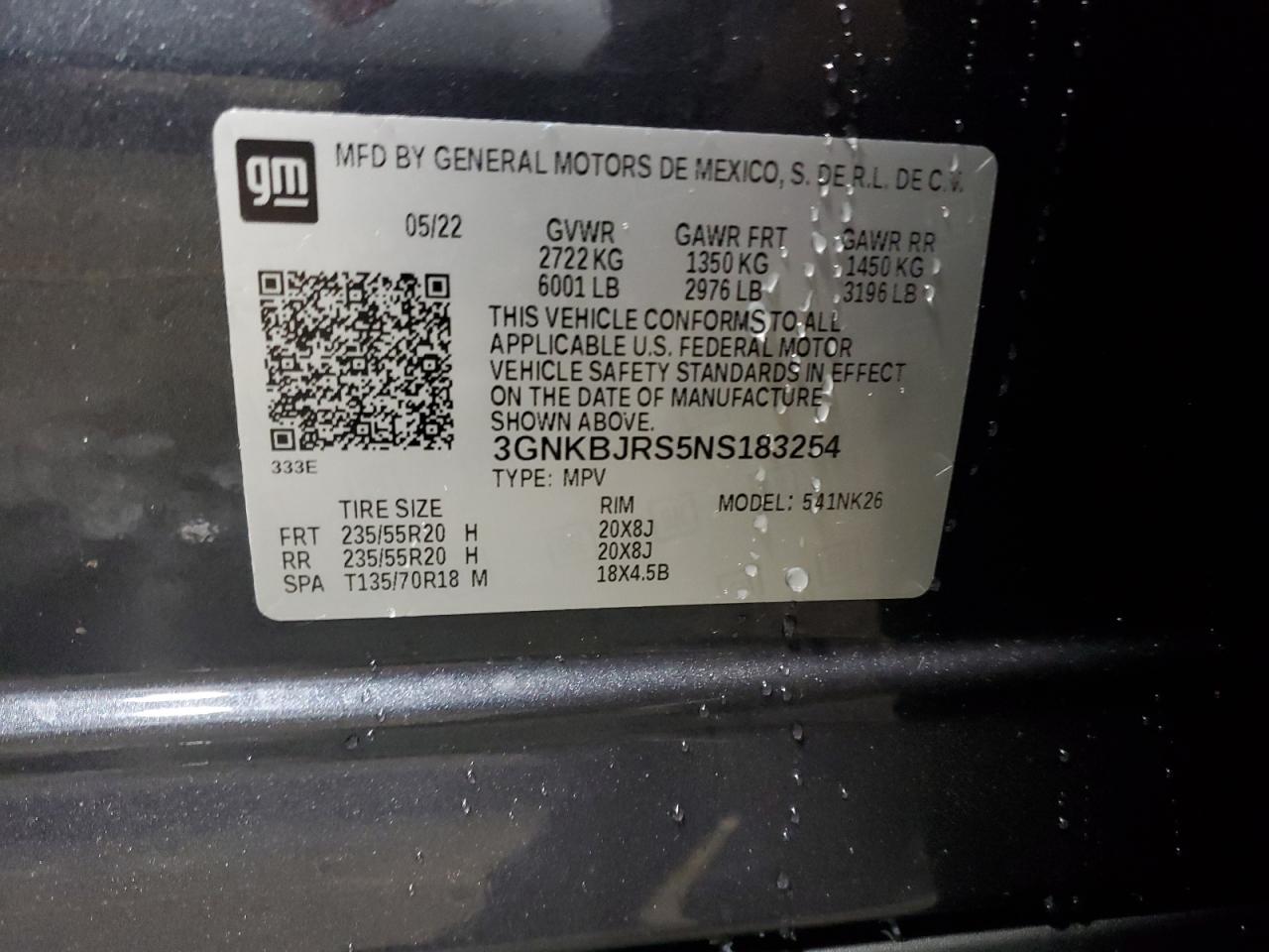 2022 CHEVROLET BLAZER 3LT VIN:3GNKBJRS5NS183254