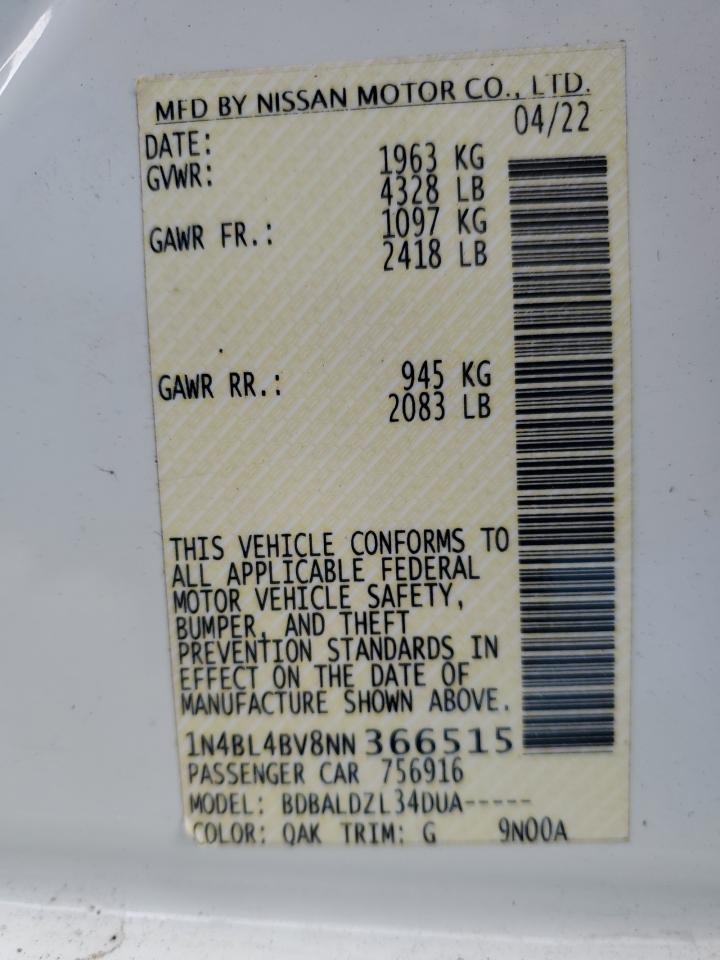 2022 NISSAN ALTIMA S VIN:1N4BL4BV8NN366515