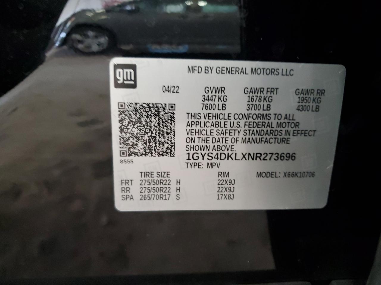 2022 CADILLAC ESCALADE PREMIUM LUXURY PLATINUM VIN:1GYS4DKLXNR273696