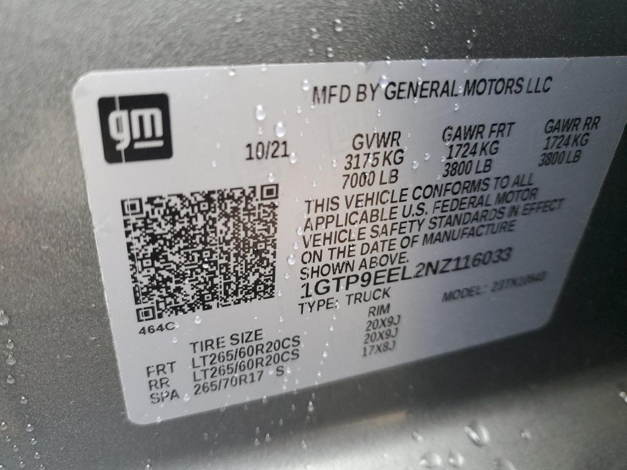 2022 GMC SIERRA LIMITED K1500 AT4 VIN:1GTP9EEL2NZ116033