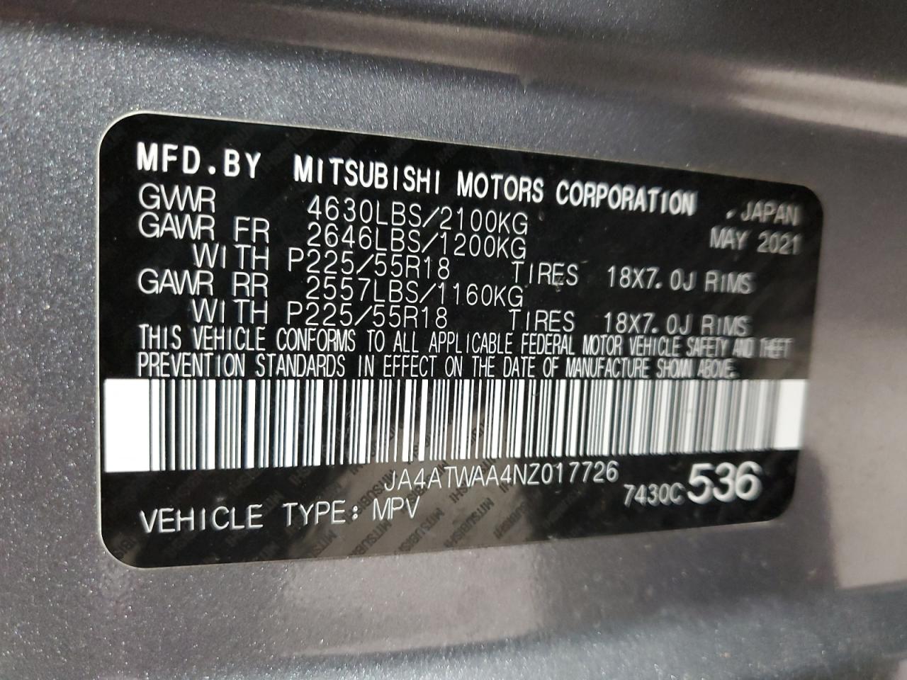 2022 MITSUBISHI ECLIPSE CROSS SE VIN:JA4ATWAA4NZ017726