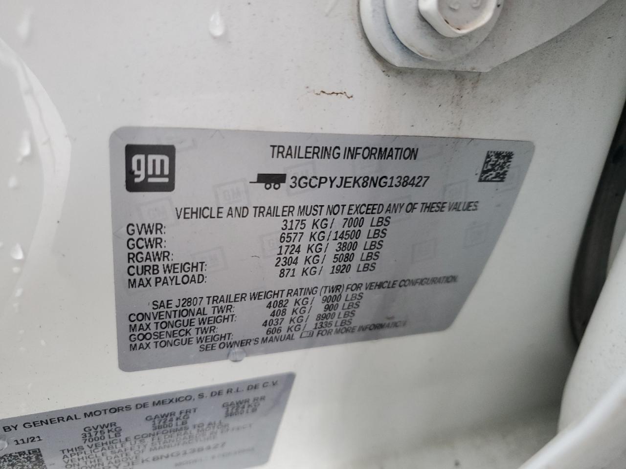 2022 CHEVROLET SILVERADO LTD K1500 LT-L VIN:3GCPYJEK8NG138427