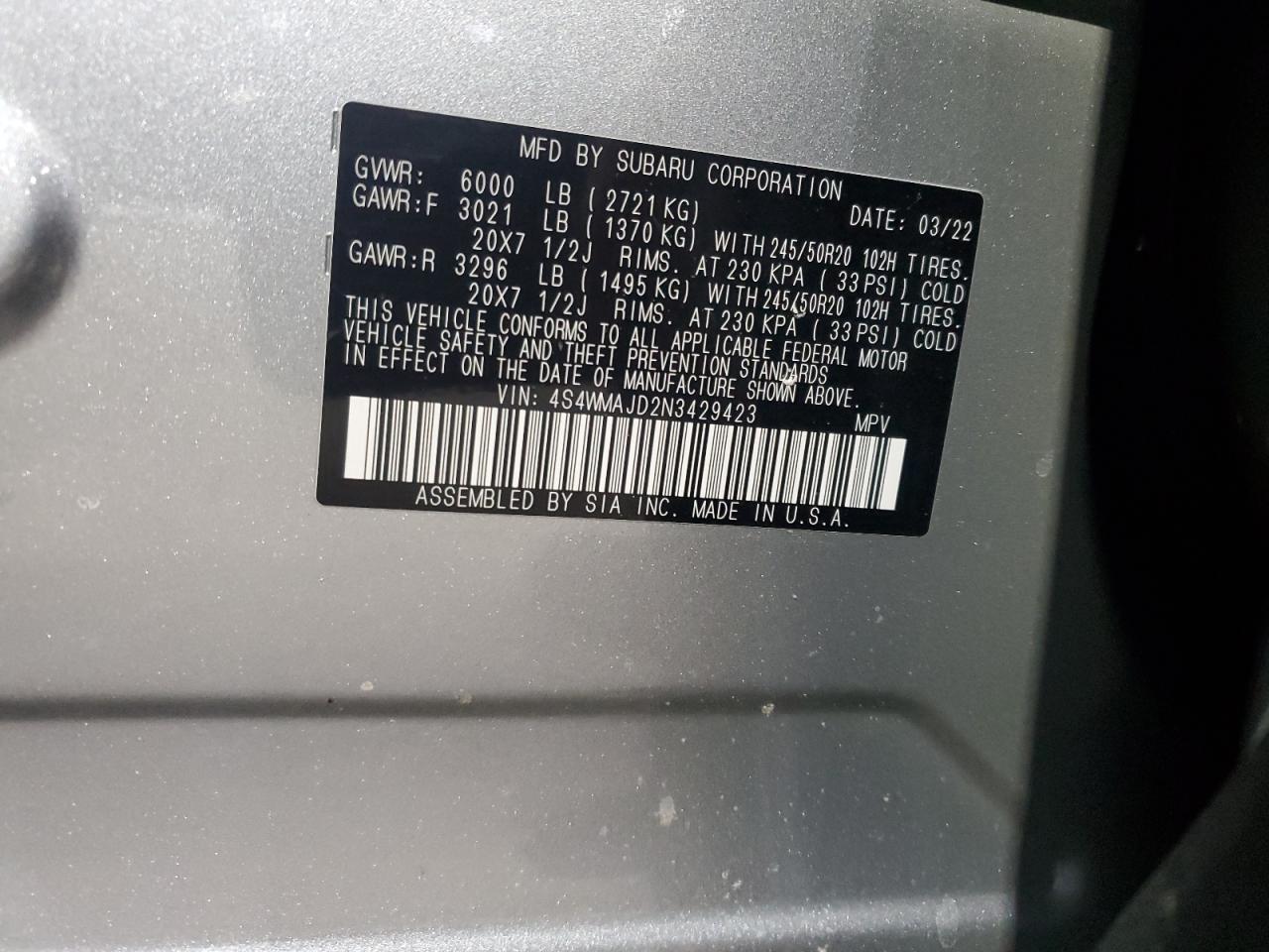 2022 SUBARU ASCENT ONYX EDITION VIN:4S4WMAJD2N3429423