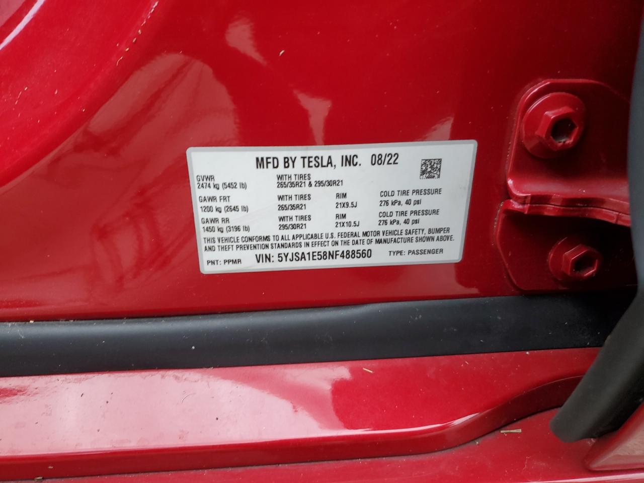 2022 TESLA MODEL S  VIN:5YJSA1E58NF488560