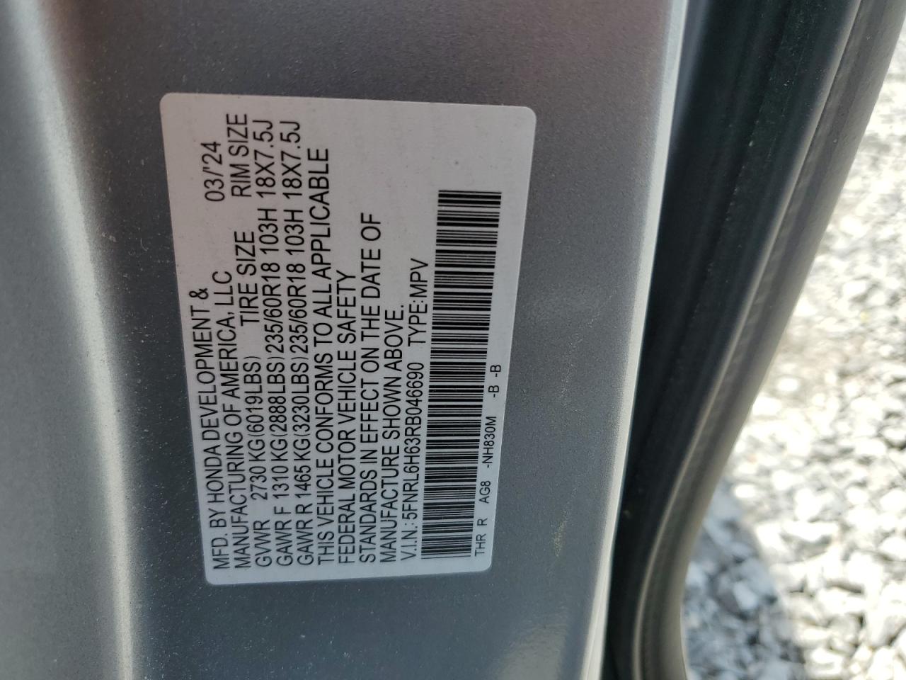 2024 HONDA ODYSSEY EXL VIN:5FNRL6H63RB046690