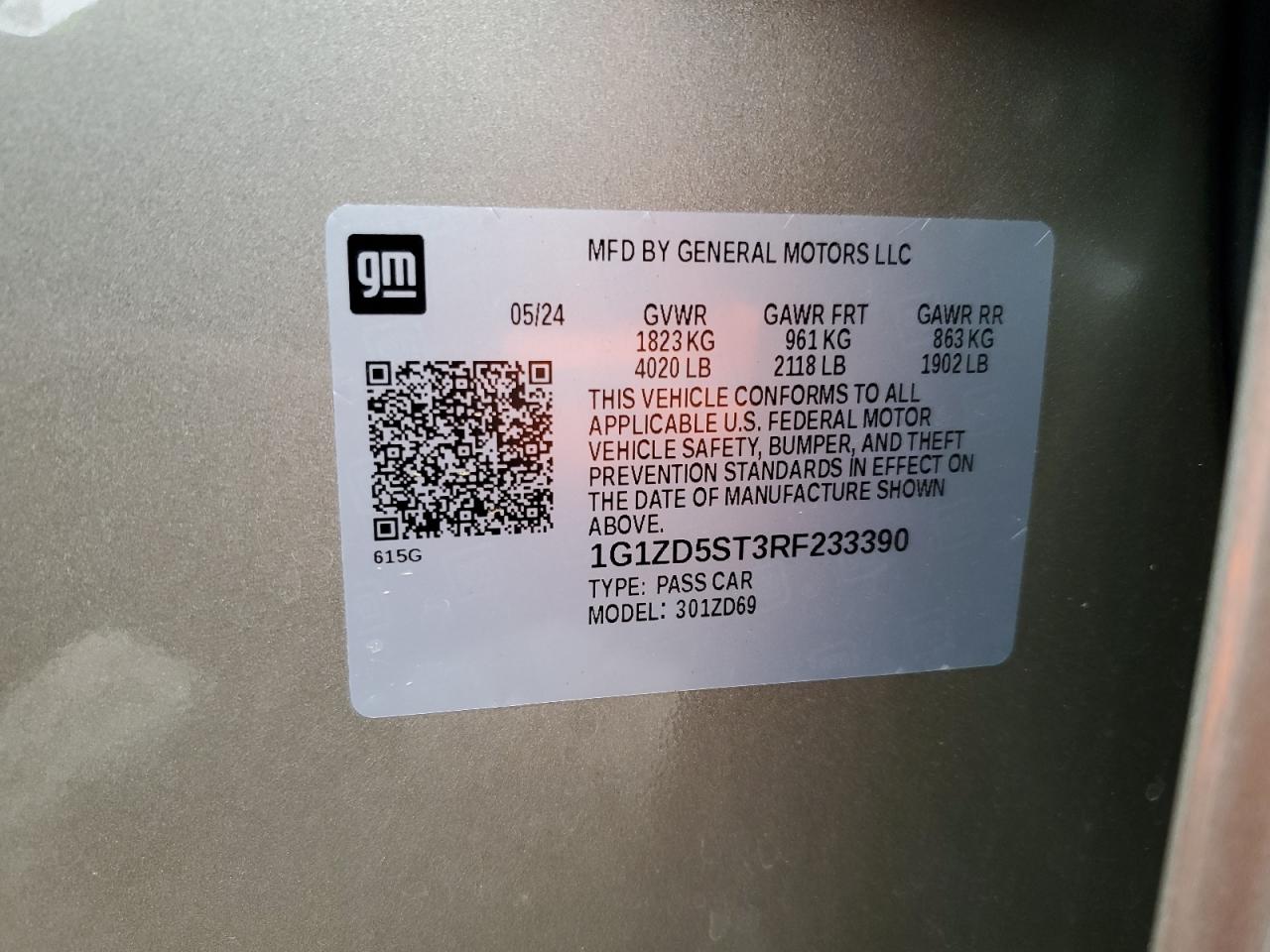 2024 CHEVROLET MALIBU LT VIN:1G1ZD5ST3RF233390